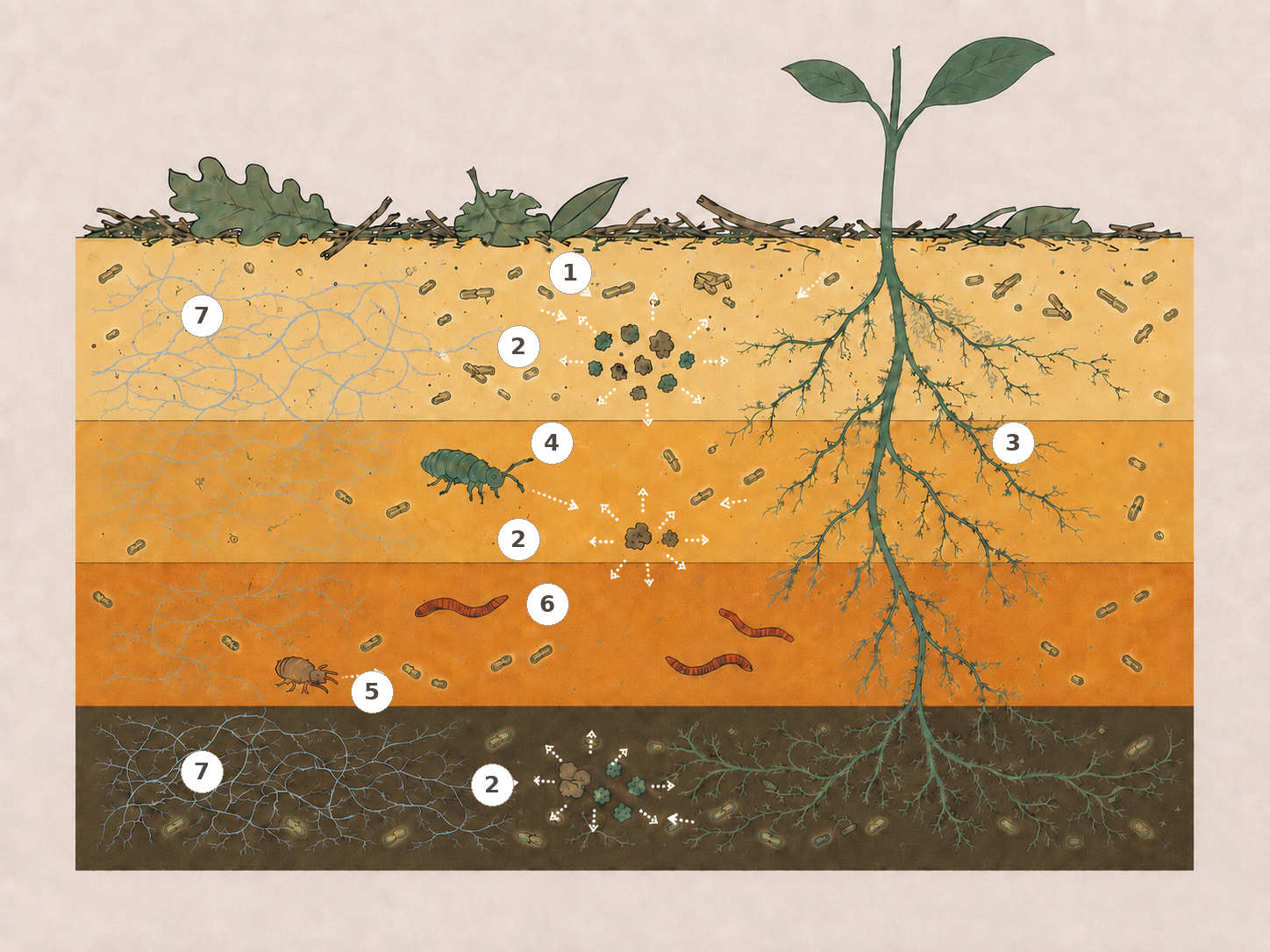 Schéma de la biodiversité du sol en coupe, avec 7 éléments numérotés